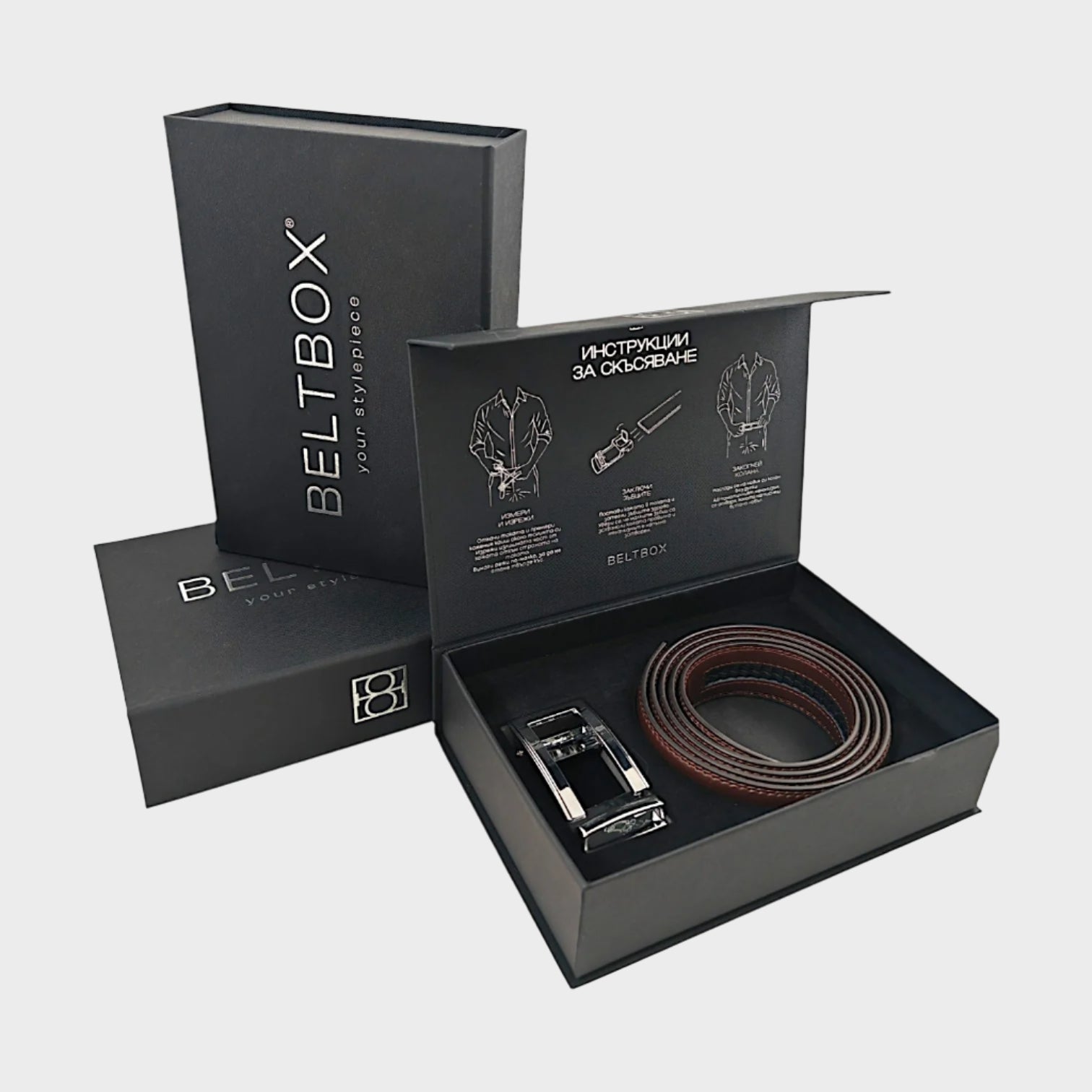 Луксозна кутия с мъжки колан BELTBOX – елегантна опаковка, идеална за подарък, съдържаща премиум кожен колан без дупки с автоматична катарама без дупки.